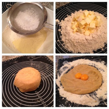 Clockwise from top left:  (1)Sieve flour + semolina; (2) add salt, sugar, butter cubes  (3) knead dough + crushed cardamon + egg yolks  (4) knead to smooth dough